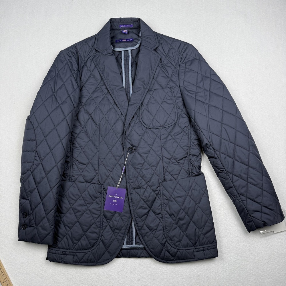 The Savile Row Co Blazer Mens 36R Blue Quilted Diamond Brit Slim Huntley Jacket